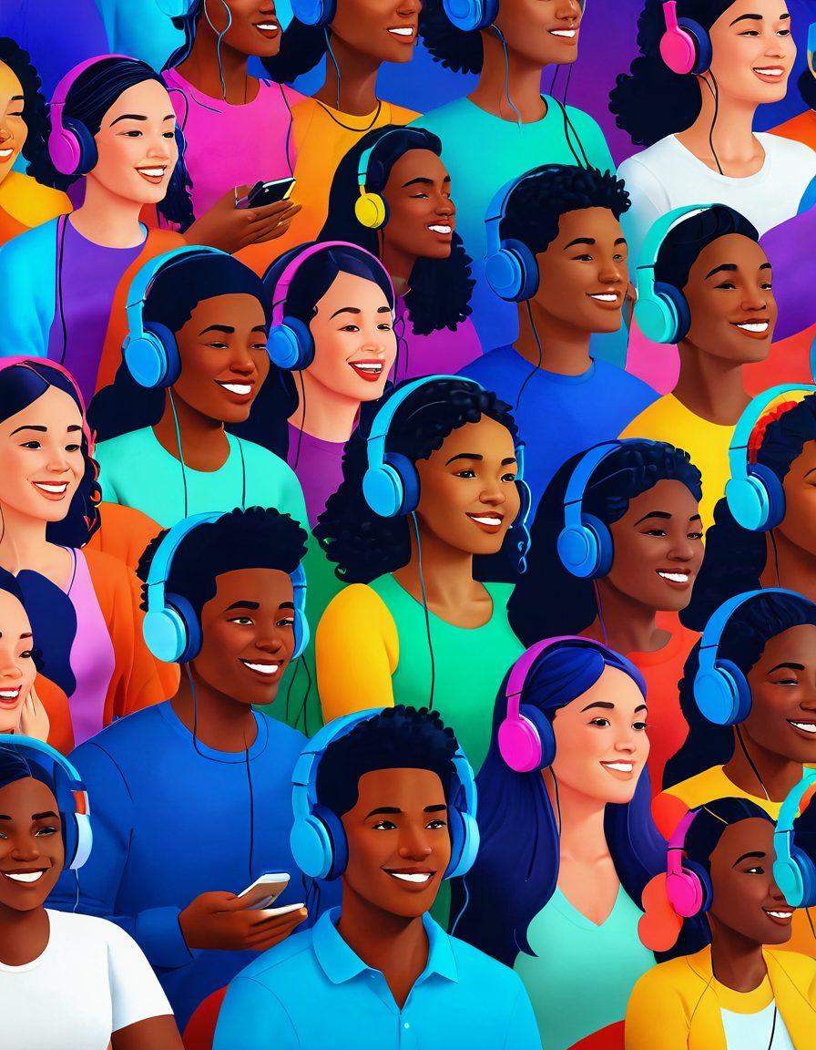 A vibrant illustration of diverse people using headphones engaged in various audio content activities, like listening to podcasts and audiobooks. Include elements like sound waves and speech bubbles representing dialogue to symbolize connection and communication. The background should be lively and colorful, showcasing an inviting atmosphere for conversation. super-realistic. vibrant colors. 3D.