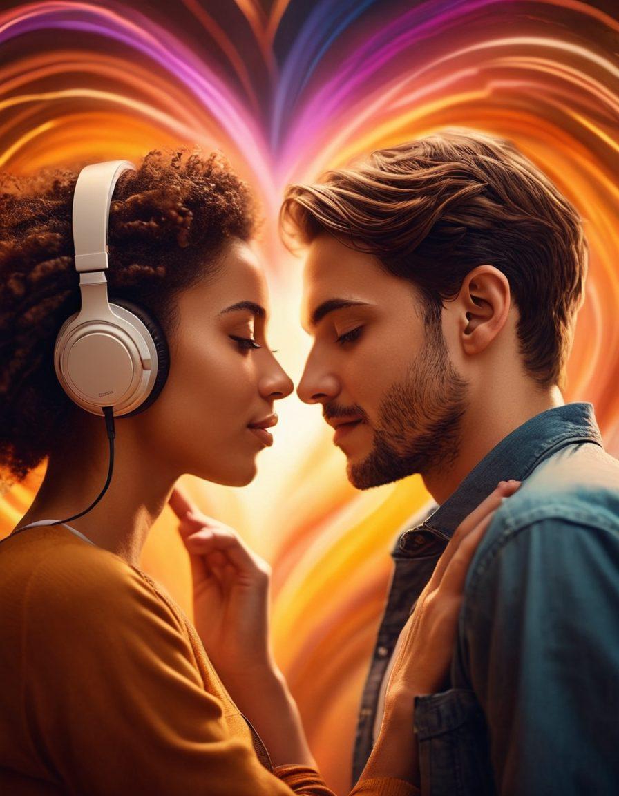 A close-up of two people leaning in close, sharing headphones, surrounded by a warm, glowing ambiance that symbolizes connection and intimacy. The background is blurred with soft, vibrant colors representing different sound waves emanating from a central heart, illustrating the power of sound in relationships. Elements like musical notes and wispy lines of music should be subtly integrated to convey emotion. super-realistic. warm tones. soft focus.