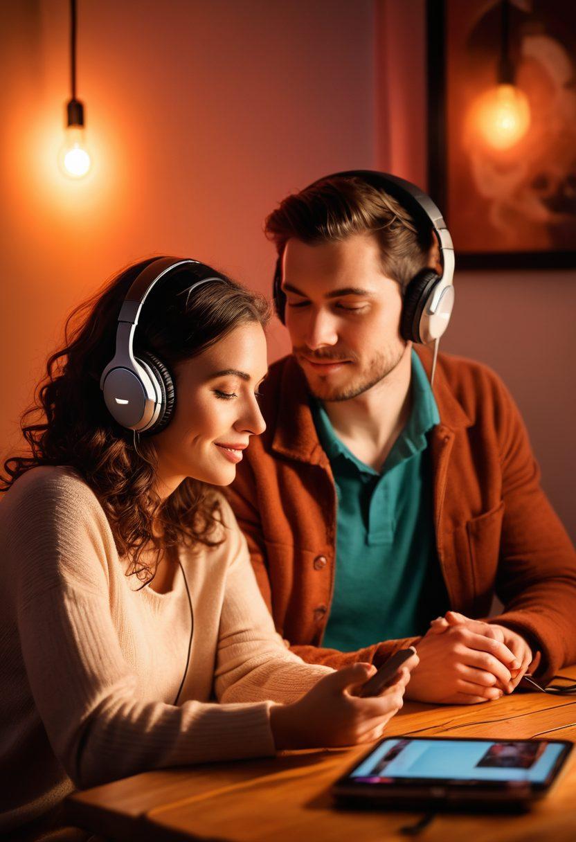 A cozy and intimate setting with two people sharing headphones, deeply engaged in a podcast conversation, surrounded by warm lighting and personal mementos symbolizing their relationship. Include visual elements like sound waves or heart symbols emanating from the headphones, indicating a connection and shared passion. Emphasize warmth, connection, and friendliness. vibrant colors. soft focus.